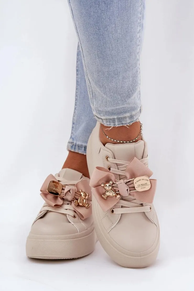 Sale Boto Sneakersy Damskie Z Kokardką I Broszką Z Misiem Beżowe Leathria