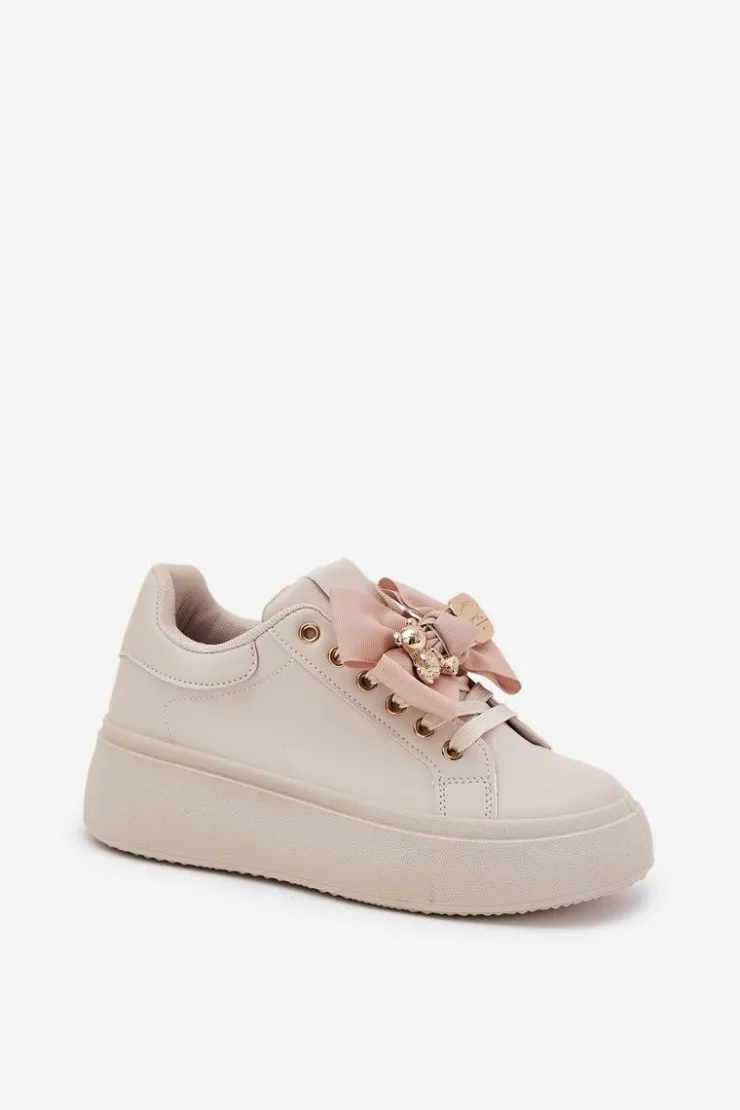 Sale Boto Sneakersy Damskie Z Kokardką I Broszką Z Misiem Beżowe Leathria