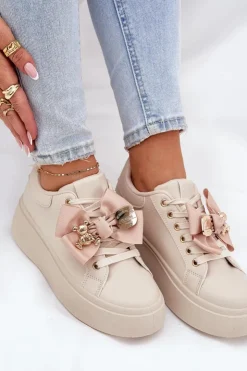 Sale Boto Sneakersy Damskie Z Kokardką I Broszką Z Misiem Beżowe Leathria