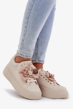 Sale Boto Sneakersy Damskie Z Kokardką I Broszką Z Misiem Beżowe Leathria