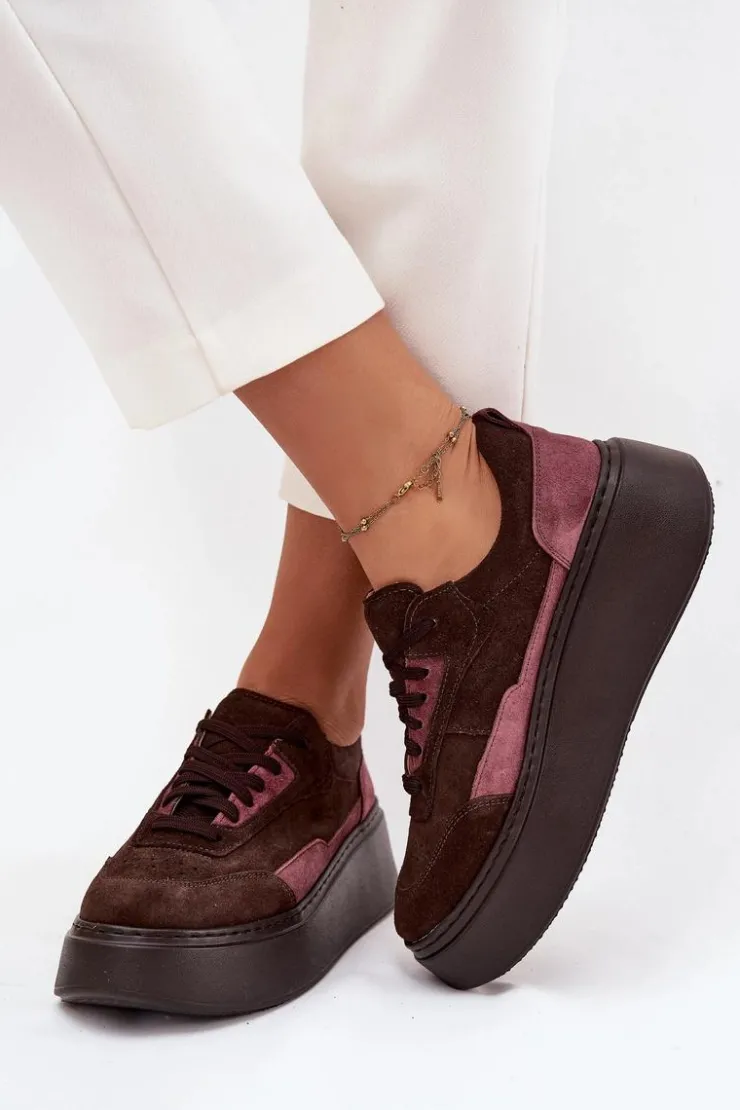 Zazoo Buty Sportowe Na Platformie|Sneakersy Damskie*Sneakersy Damskie Z Naturalnego Zamszu Na Platformie N1265S3 Czekoladowe