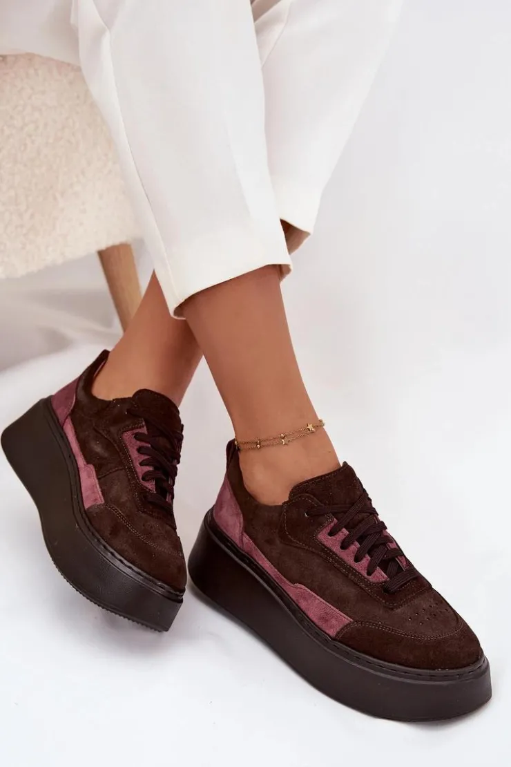 Zazoo Buty Sportowe Na Platformie|Sneakersy Damskie*Sneakersy Damskie Z Naturalnego Zamszu Na Platformie N1265S3 Czekoladowe