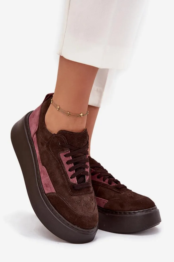 Zazoo Buty Sportowe Na Platformie|Sneakersy Damskie*Sneakersy Damskie Z Naturalnego Zamszu Na Platformie N1265S3 Czekoladowe