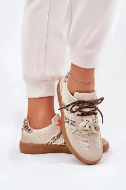 Boto Sneakersy Damskie*Sneakersy Damskie Z Podwójnym Sznurowaniem Panterka Beżowe Ollabes
