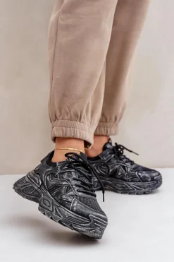 Boto Sneakersy Damskie*Sneakersy Damskie Z Przetarciami Na Platformie Czarne Seladwen Czarny