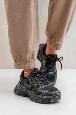 Boto Sneakersy Damskie*Sneakersy Damskie Z Przetarciami Na Platformie Czarne Seladwen Czarny