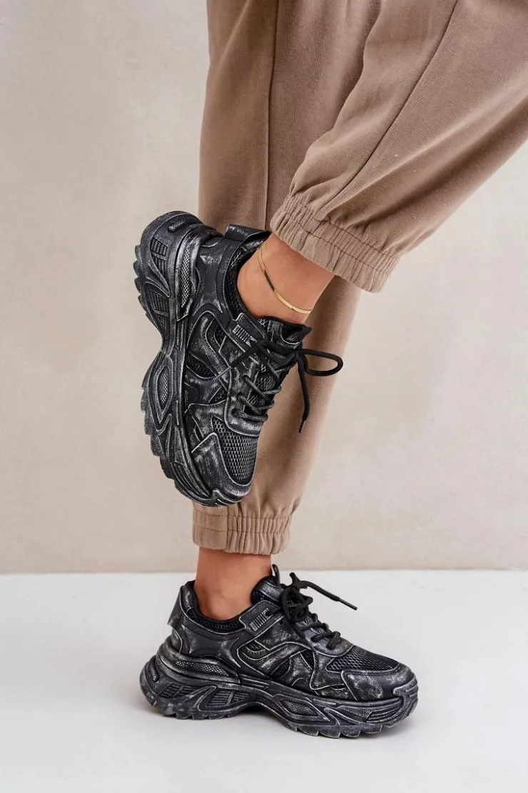 Boto Sneakersy Damskie*Sneakersy Damskie Z Przetarciami Na Platformie Czarne Seladwen Czarny