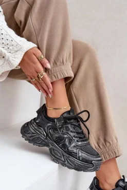 Boto Sneakersy Damskie*Sneakersy Damskie Z Przetarciami Na Platformie Czarne Seladwen Czarny