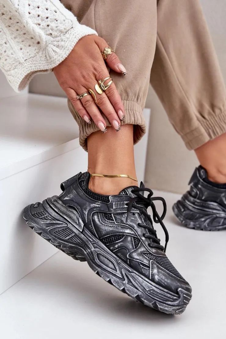 Boto Sneakersy Damskie*Sneakersy Damskie Z Przetarciami Na Platformie Czarne Seladwen Czarny