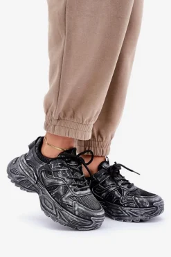 Boto Sneakersy Damskie*Sneakersy Damskie Z Przetarciami Na Platformie Czarne Seladwen Czarny