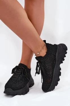 Damskie Boto Sneakersy Damskie Z Szydełkową Cholewką Czarne Jelhiris