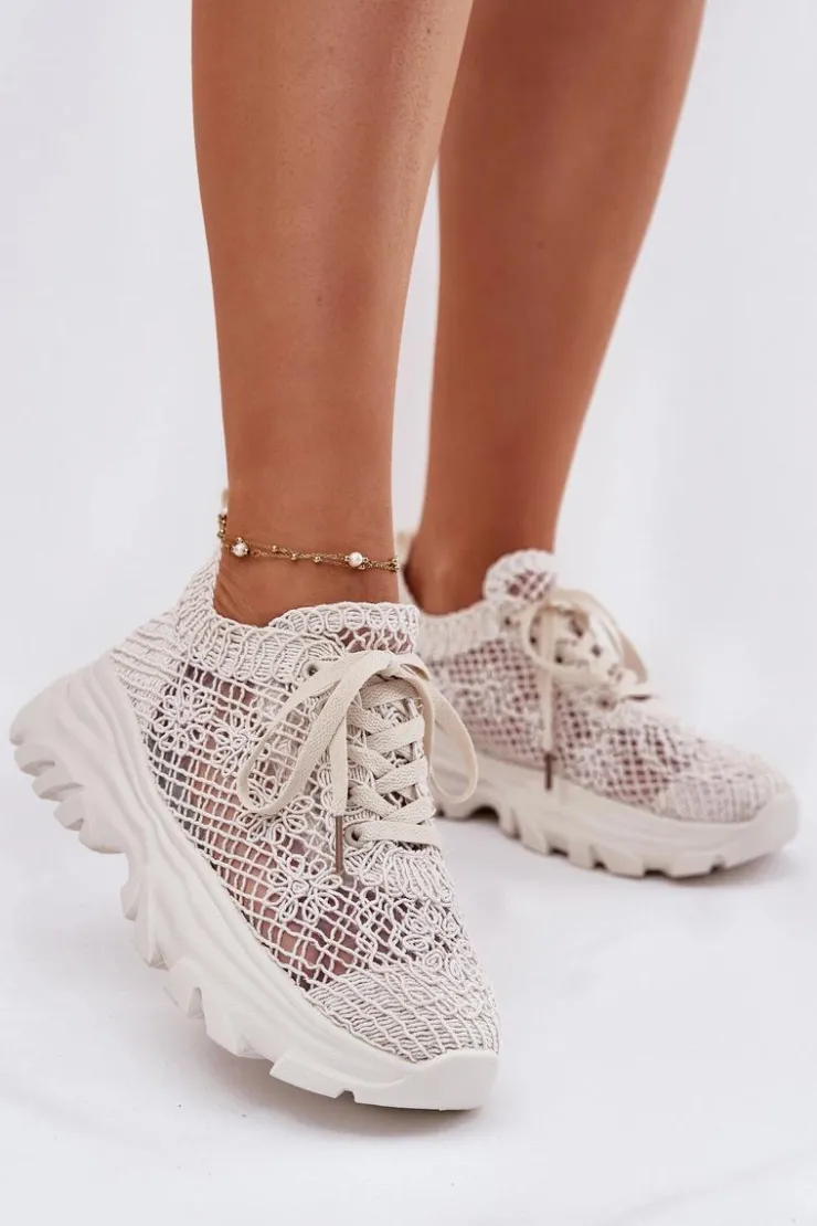 Boto Sneakersy Damskie*Sneakersy Damskie Z Szydełkową Cholewką Beżowe Jelhiris