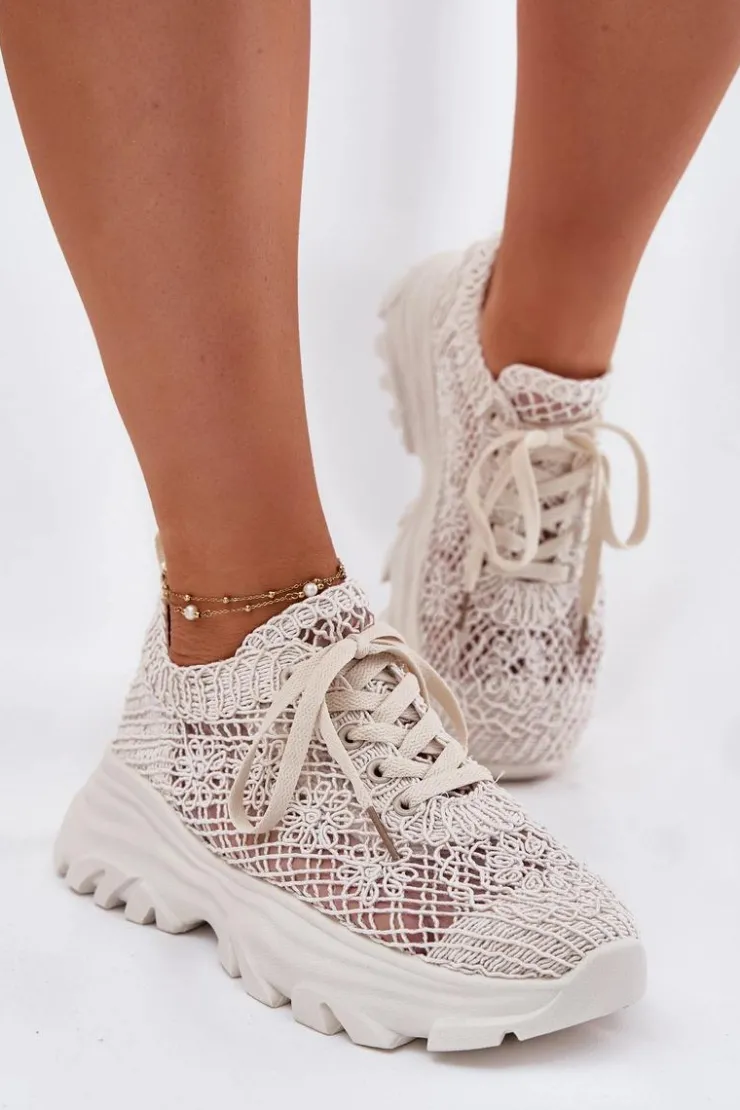 Boto Sneakersy Damskie*Sneakersy Damskie Z Szydełkową Cholewką Beżowe Jelhiris