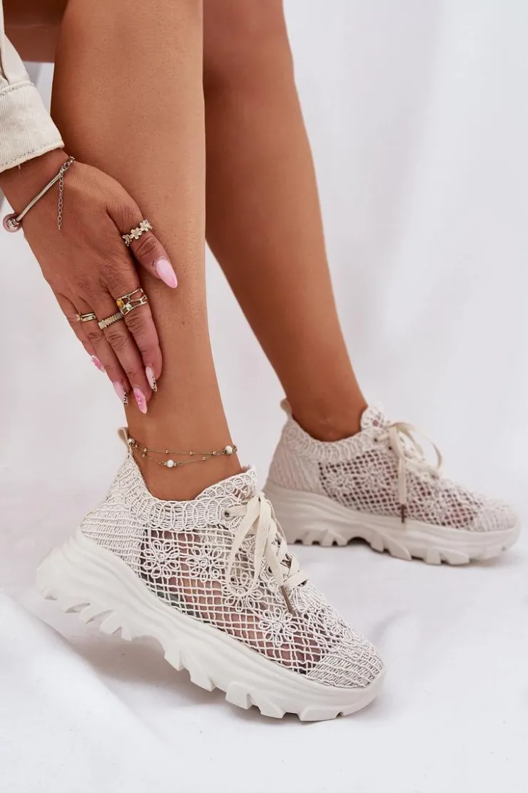 Boto Sneakersy Damskie*Sneakersy Damskie Z Szydełkową Cholewką Beżowe Jelhiris