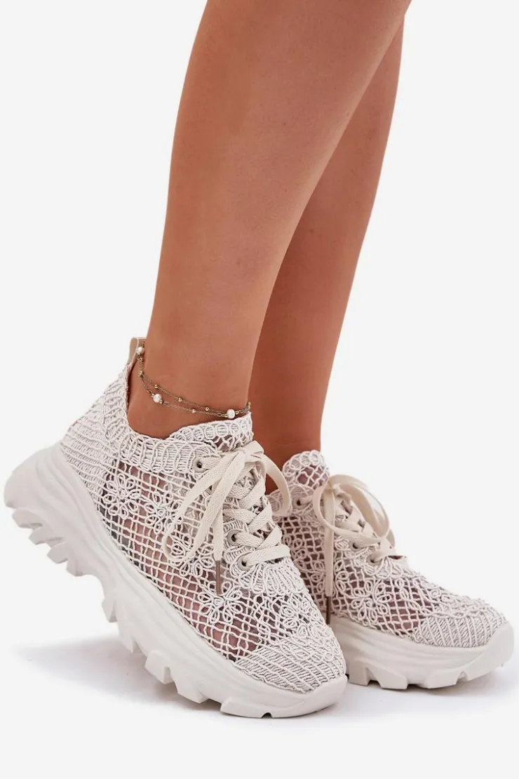 Boto Sneakersy Damskie*Sneakersy Damskie Z Szydełkową Cholewką Beżowe Jelhiris