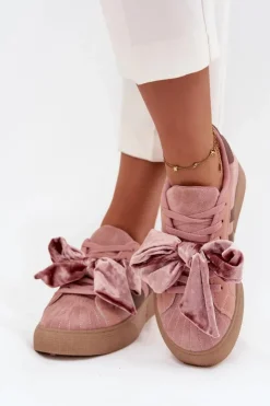 Hot Boto Sneakersy Damskie Z Welurową Kokardą Różowe Ashlyn Różowy