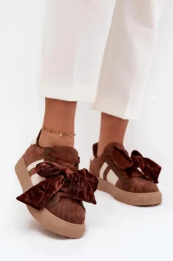 Boto Buty Sportowe Na Platformie|Sneakersy Damskie*Sneakersy Damskie Z Welurową Kokardą Brązowe Ashlyn