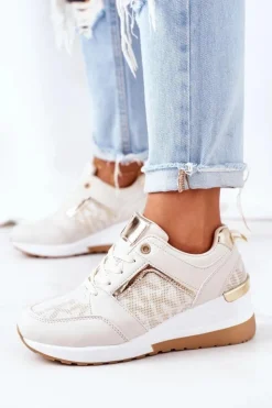 Boto Sneakersy Damskie*Sneakersy Na Koturnie Beżowe Weekend