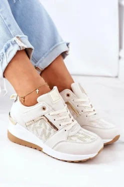 Boto Sneakersy Damskie*Sneakersy Na Koturnie Beżowe Weekend