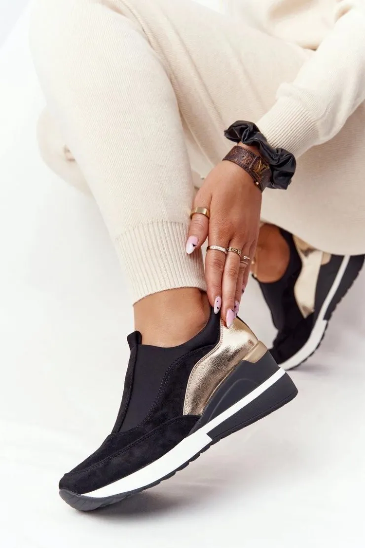 Buty damskie Vinceza Sneakersy Damskie*Sneakersy Na Koturnie Wsuwane Vinceza 10593 Czarno-Złote