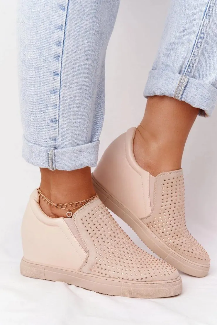 Boto Sneakersy Damskie*Sneakersy Na Koturnie Z Cekinami Lu Boo Beżowe