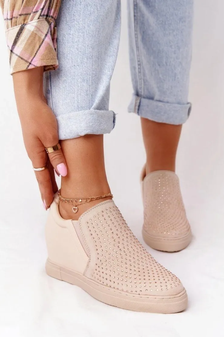 Boto Sneakersy Damskie*Sneakersy Na Koturnie Z Cekinami Lu Boo Beżowe