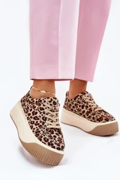 Damskie Boto Sneakersy Na Masywnej Platformie Panterka Brązowe Tirvanis