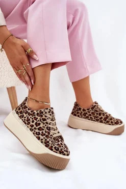 Damskie Boto Sneakersy Na Masywnej Platformie Panterka Brązowe Tirvanis