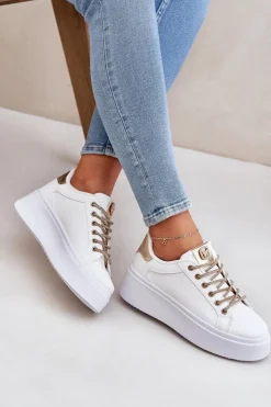 Boto Buty Sportowe Na Platformie|Sneakersy Damskie*Sneakersy Na Platformie Z Ozdobnymi Sznurówkami Biało-Złote Fonetha Biały