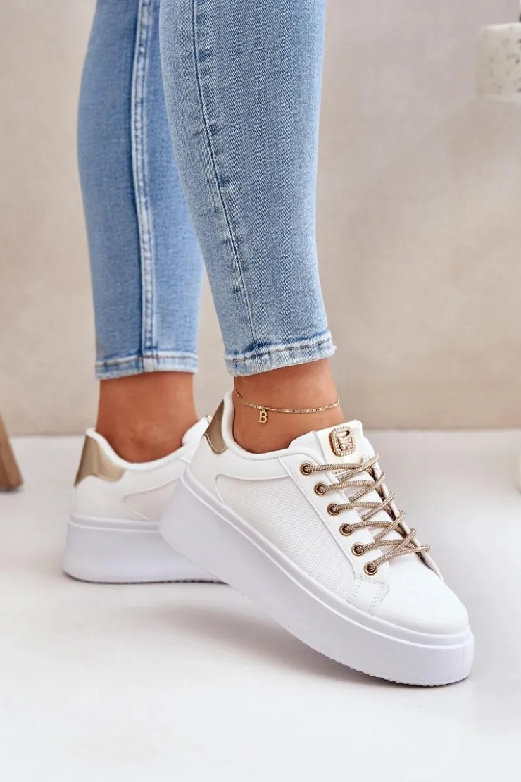 Boto Buty Sportowe Na Platformie|Sneakersy Damskie*Sneakersy Na Platformie Z Ozdobnymi Sznurówkami Biało-Złote Fonetha Biały