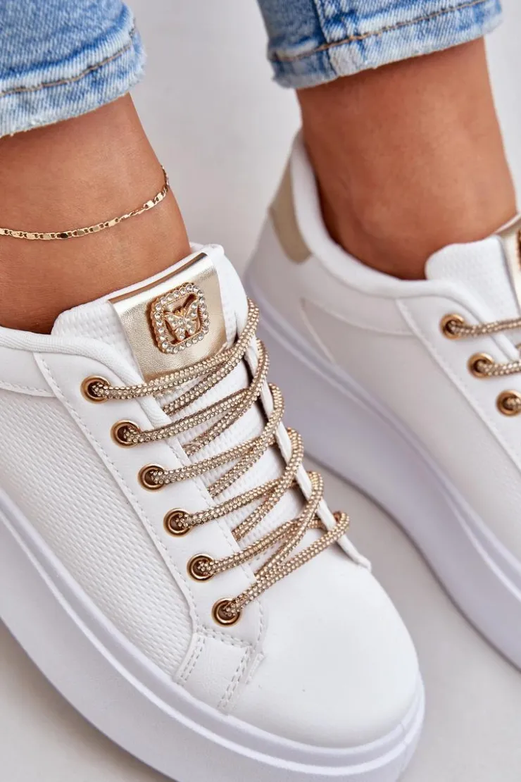 Boto Buty Sportowe Na Platformie|Sneakersy Damskie*Sneakersy Na Platformie Z Ozdobnymi Sznurówkami Biało-Złote Fonetha Biały