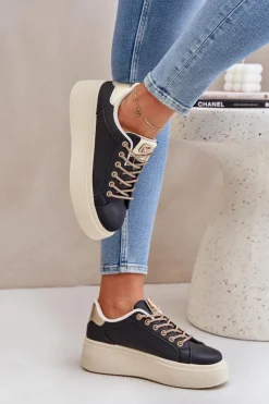 Damskie Boto Sneakersy Na Platformie Z Ozdobnymi Sznurówkami Czarne Fonetha