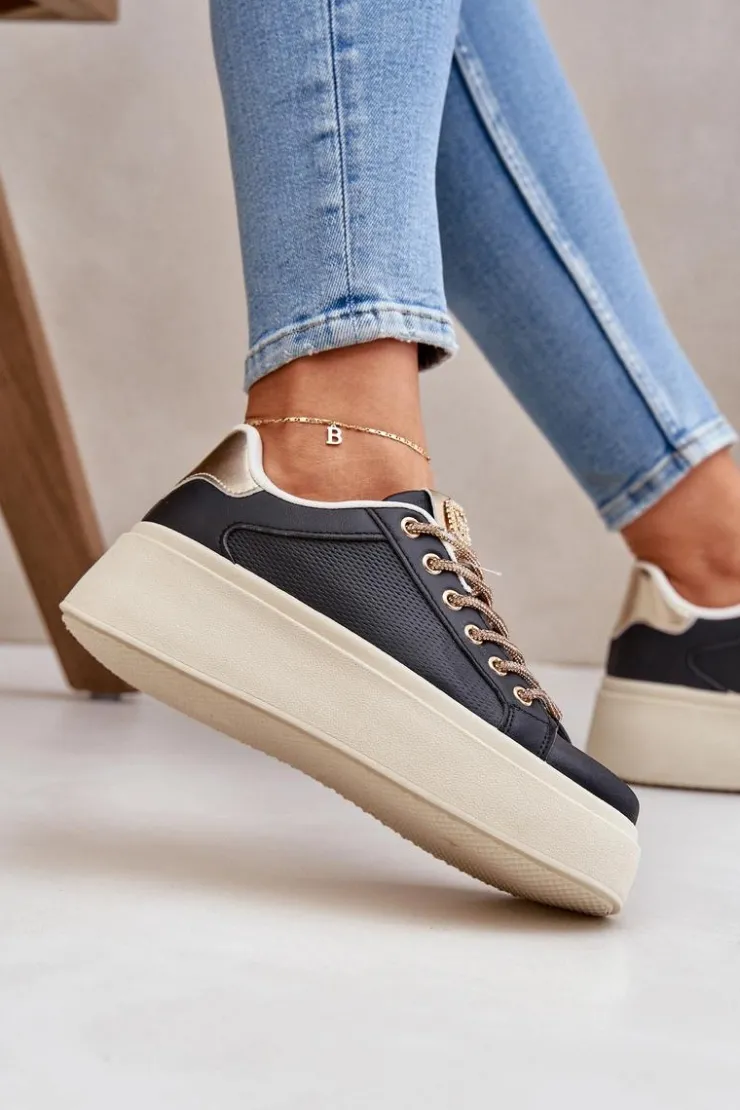 Damskie Boto Sneakersy Na Platformie Z Ozdobnymi Sznurówkami Czarne Fonetha