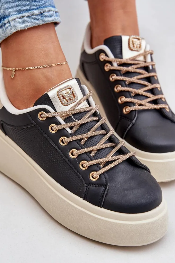 Damskie Boto Sneakersy Na Platformie Z Ozdobnymi Sznurówkami Czarne Fonetha