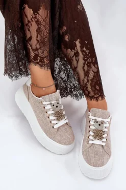 Damskie buty S.Barski Sneakersy Damskie*Sneakersy Na Platformie Z Przypinką Miś S.Barski BF51-014 Beżowe