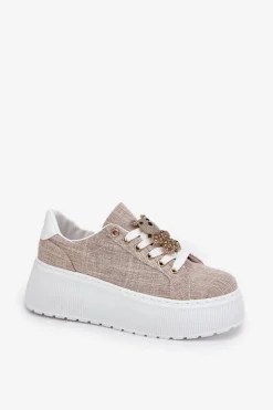 Damskie buty S.Barski Sneakersy Damskie*Sneakersy Na Platformie Z Przypinką Miś S.Barski BF51-014 Beżowe