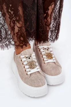 Damskie buty S.Barski Sneakersy Damskie*Sneakersy Na Platformie Z Przypinką Miś S.Barski BF51-014 Beżowe