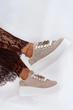 Damskie buty S.Barski Sneakersy Damskie*Sneakersy Na Platformie Z Przypinką Miś S.Barski BF51-014 Beżowe