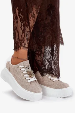 Damskie buty S.Barski Sneakersy Damskie*Sneakersy Na Platformie Z Przypinką Miś S.Barski BF51-014 Beżowe