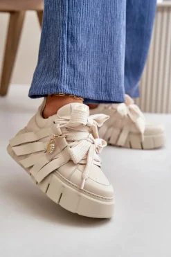 Best CheBello Sneakersy Skórzane Damskie Na Platformie Beżowe 4568