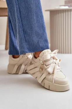 Best CheBello Sneakersy Skórzane Damskie Na Platformie Beżowe 4568
