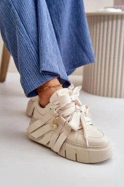 Best CheBello Sneakersy Skórzane Damskie Na Platformie Beżowe 4568