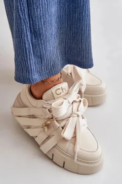 Best CheBello Sneakersy Skórzane Damskie Na Platformie Beżowe 4568