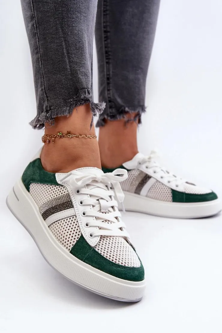 Hot Damskie buty S.Barski Sneakersy Skórzane Damskie D&A LR110 Zielono-Białe Zielony