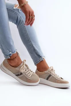 Damskie Damskie buty S.Barski Sneakersy Skórzane Damskie D&A LR110 Beżowe