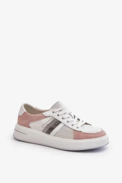 Damskie Damskie buty S.Barski Sneakersy Skórzane Damskie D&A LR110 Biało-Różowe