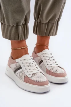 Damskie Damskie buty S.Barski Sneakersy Skórzane Damskie D&A LR110 Biało-Różowe