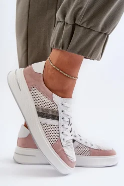 Damskie Damskie buty S.Barski Sneakersy Skórzane Damskie D&A LR110 Biało-Różowe