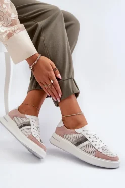 Damskie Damskie buty S.Barski Sneakersy Skórzane Damskie D&A LR110 Biało-Różowe