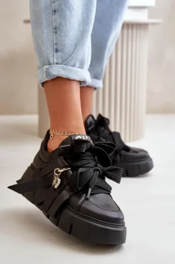 CheBello Buty Sportowe Na Platformie*Sneakersy Skórzane Damskie Na Platformie Czarne 4568